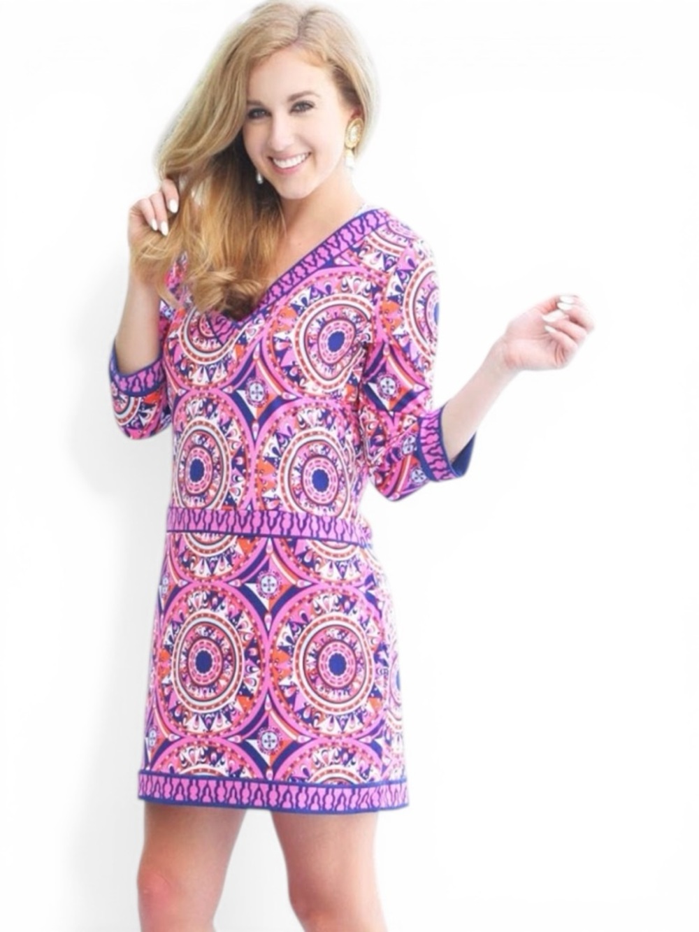 MacBeth Collection Boho Medallion Print Dress Women Small V Neck 3/4 Sleeve